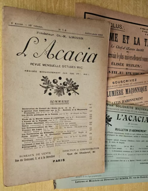 L'Acacia, Revue mensuelle d'études maçonniques n°7-8, juillet-août 1910