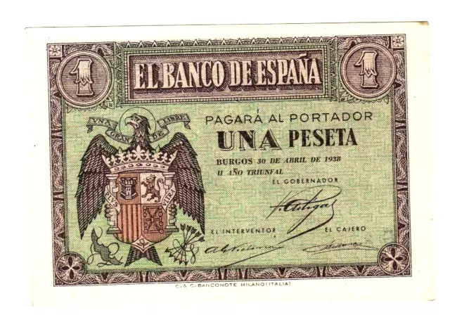 Billete de 1 Peseta de 1938 ( 30 de Abril ) Serie G EBC+ ( buen ejemplar )