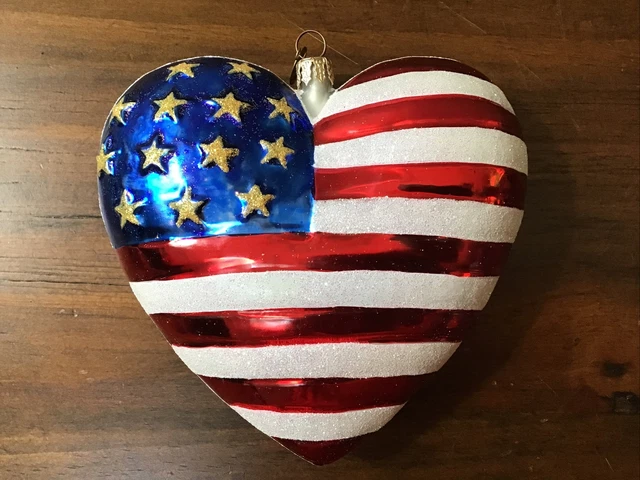Christopher Radko American Flag Brave Heart Patriotic Christmas Ornament in Box