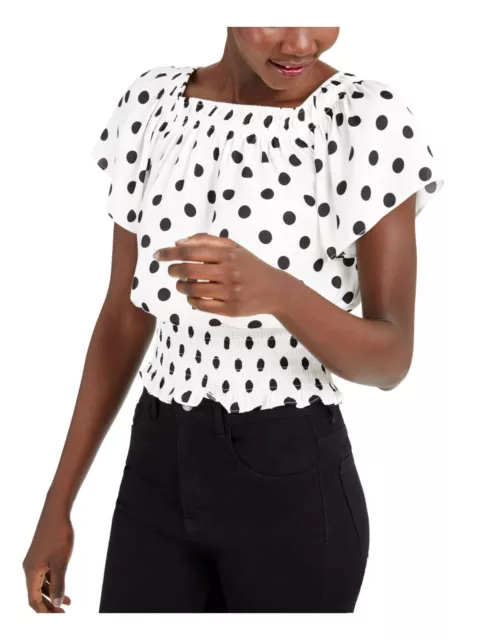 NICI INC Womens Blouse Dot-Print Smocked  Square-Neck White XL Multi