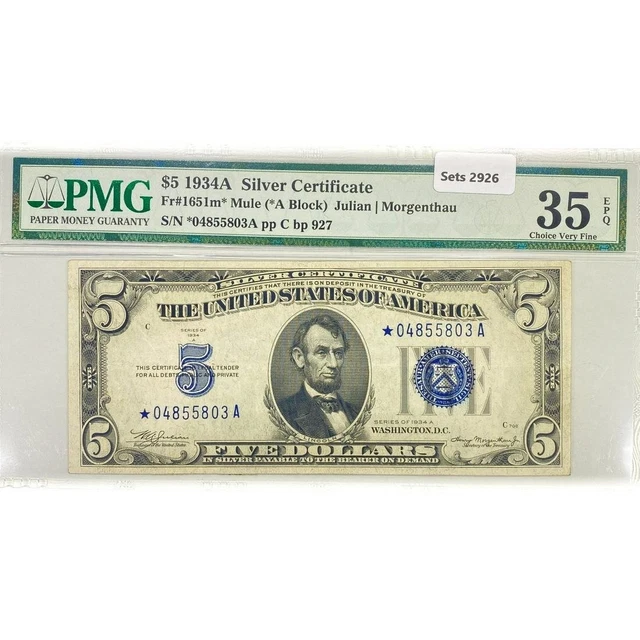 1934 A Star $5 Silver Certificate PMG Ch VF 35
