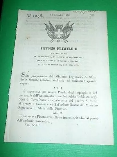 Decreti Regno Sardegna Torino Pianta Impieghi e Personale Amministrazione 1850