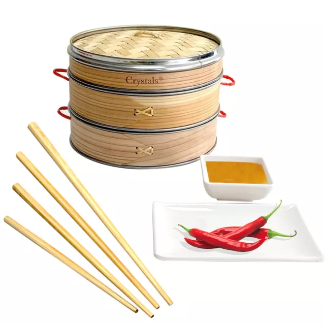 2 Tier Bamboo Steamer Food Cooker With 2 Plates & 2 Pair Chopsticks 24cm