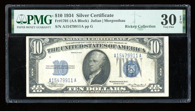 DBR 1934 $10 Silver Fr. 1701 PMG 30 EPQ Serial A15479911A