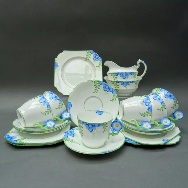 Aynsley Blue Flower Handle Part Tea Set ~ 5 Trios ~ Milk & Sugar ~ Art Deco 5222