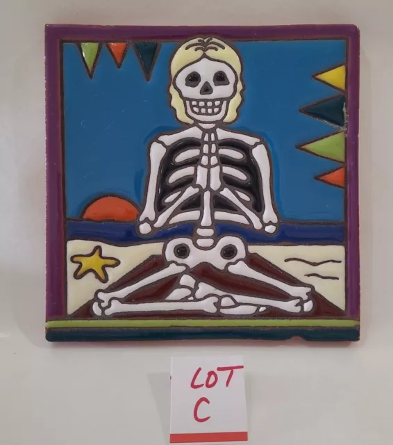 Yoga Skeleton Beach Sand Tile Red Clay Shelf Decor Kitchen Hot Plate 6" Read⬇️