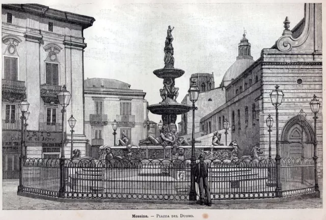 Messina: piazza del Duomo. Grande veduta. + Passepartout. Stampa antica del 1892