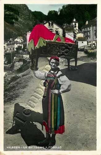 Cartolina di Fobello, costume tradizionale (battesimo) - Vercelli, 1954