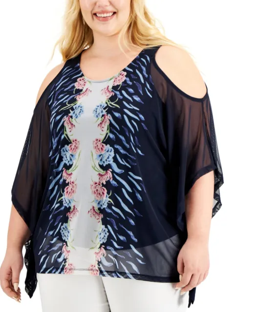 MSRP $65 Jm Collection Plus Size Printed Cold-Shoulder Mesh Top Blue Size 0X