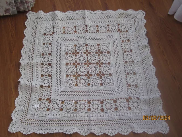 Vtg Crochet Doily Table Topper Centerpiece Square - 32 x  32 COTTAGE LOOK