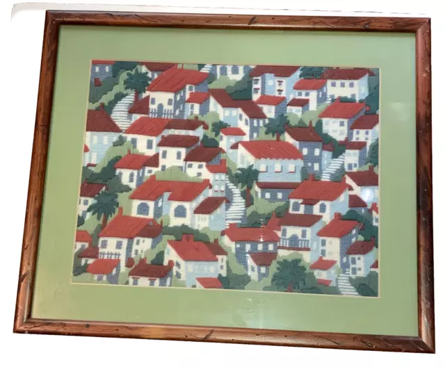 "Techos rojos vintage pueblo acabado crewel bordado enmarcado arte 19,5 x 16"