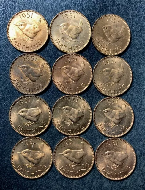 Vintage Great Britain Coin Lot - 1951 - FARTHINGS - 12 Uncirculated Coins - #D6