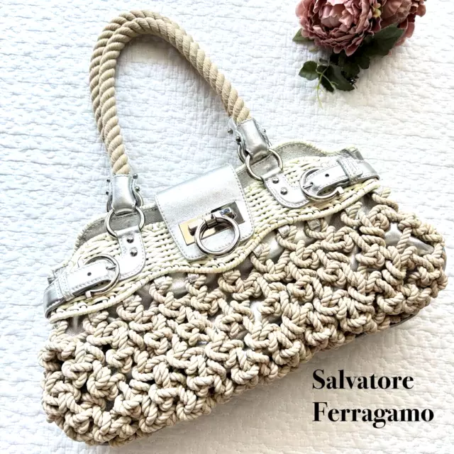 Salvatore Ferragamo Handbag Tote Bag Gancini Crochet Braid Appraised （Rare Item）