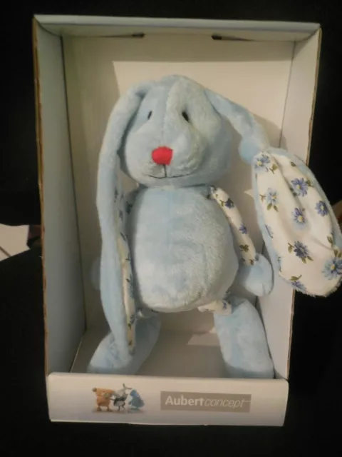 doudou peluche lapin bleu blanc fleurs AUBERT NEUF
