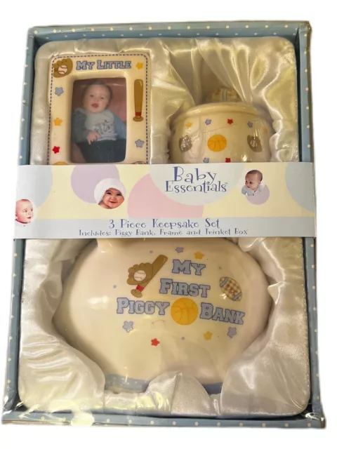 Baby Essentials 3 Piece Ceramic Keepsake Set-Piggy Bank Frame, Trinket Box Boy