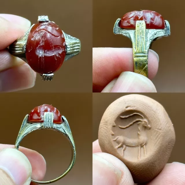 Rare Ancient Roman Agate Stone With Beautiful Deer Intaglio Bronze Ring