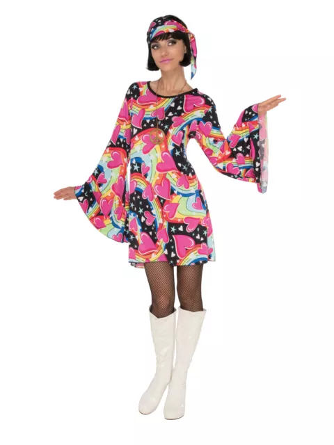 Ladies Womens Gogo Girl Costume Hippie Dress 70s Groovy Hen Adult Fancy Dress