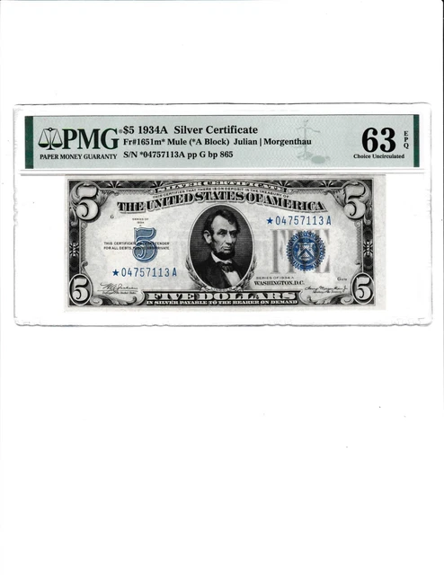 $5  1934 A MULE ⭐️ STAR  SILVER CERTIFICATE NOTE S/N ⭐04757113 A  Fr.1651 M* PMG