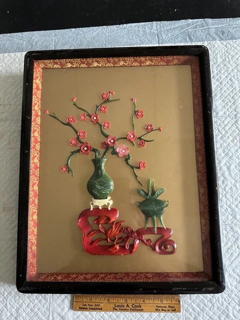 Vintage Taiwan Made Chinese Wall Art Carved Jade Cinnabar Ornate Flowers Vase