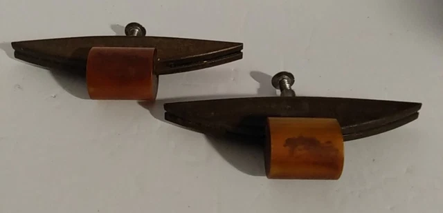 Pair Of 2 Butterscotch Bakelite 1 Chipped & Metal Drawer Pulls VINTAGE Tarnished