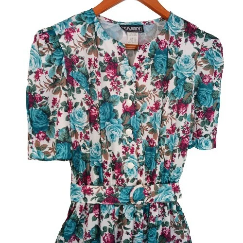 Vintage 80s Dress Floral Rose Print Romantic Tabby California 6 PETITE