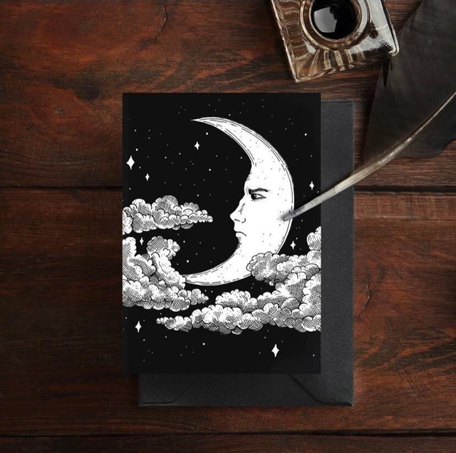 Set Of 3 Moon Themed Gothic Style Greeting Cards