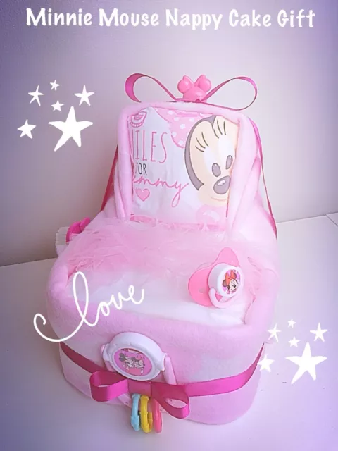 Nappy Cake Girl Minnie Mouse Diaper Cake Pink Baby Shower Gift Wrapped Boxed