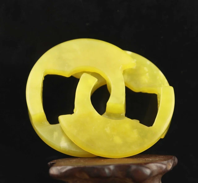 China old natural yellow jade hand-carved statue double rings pendant 2.1 inch