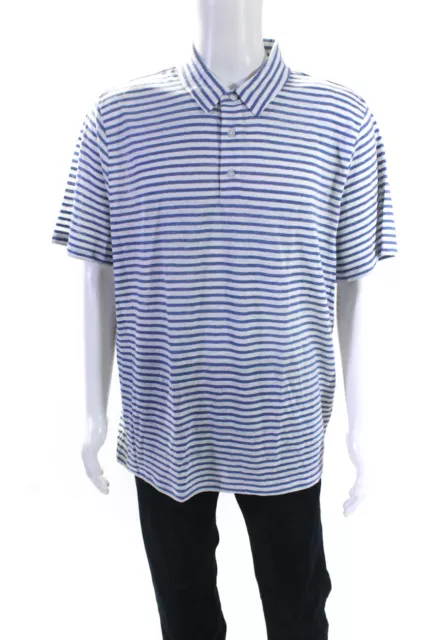 Vince Mens Striped Linen Short Sleeve Knit Polo Shirt Blue White Size XXL