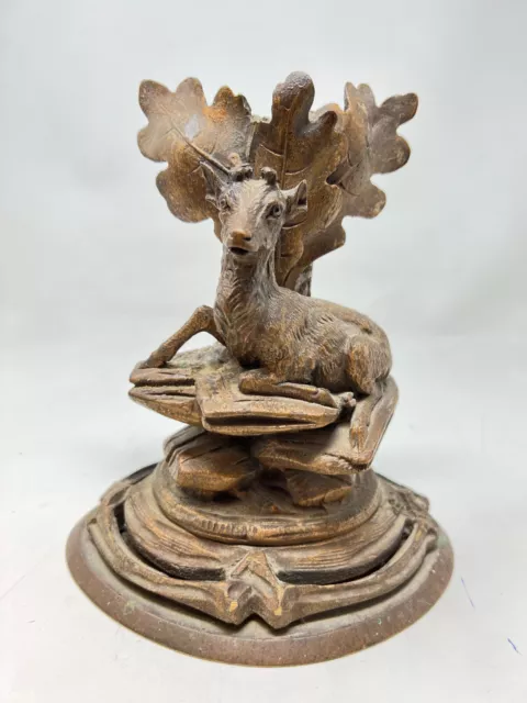 Sculpture & Bougeoir Cerf Foret Noire XIX EME Bois & Laiton Candelstick 19 th