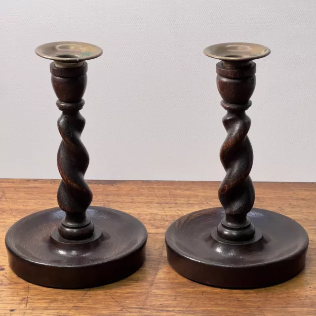 Antique English Barley Twist Wood Candle Holders w Brass Inserts Handmade 8”