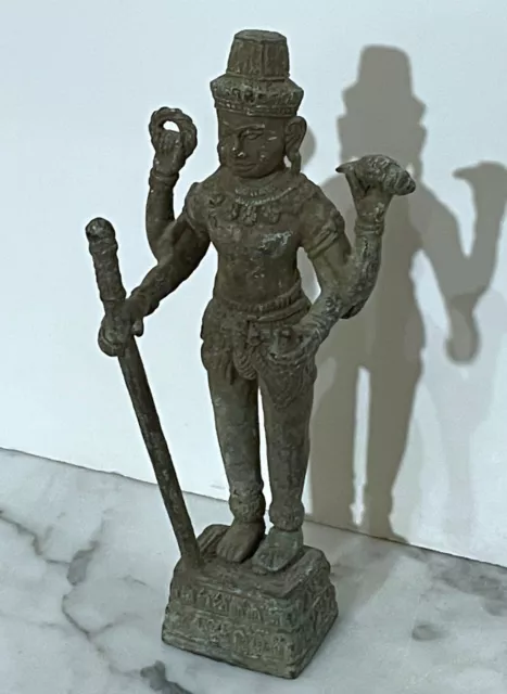 Antique Khmer Style Bronze Statue Of An Standing Deity With 4 Arms Holding Staff