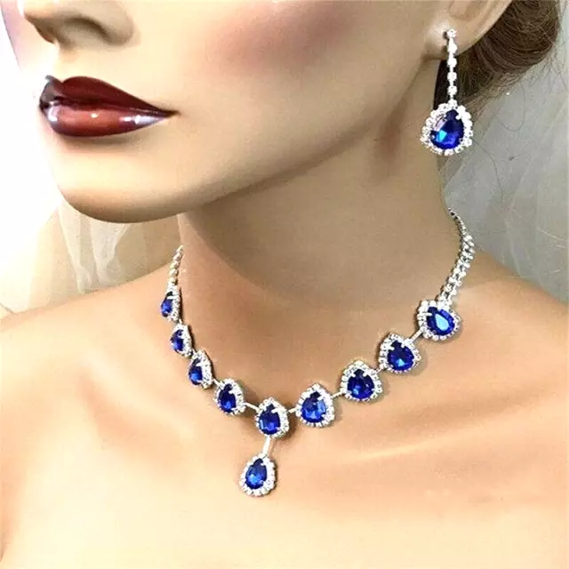 Sparkling Silver Blue Wedding Bridal Crystal Rhinestone Necklace Earring Set UK