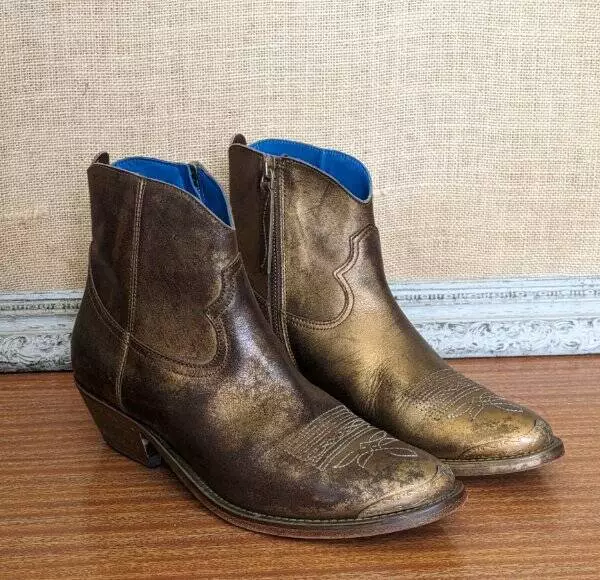 Handmade Golden Goose YOUNG Distressed Bronze Leather Western Ankle Boots 7 37 2