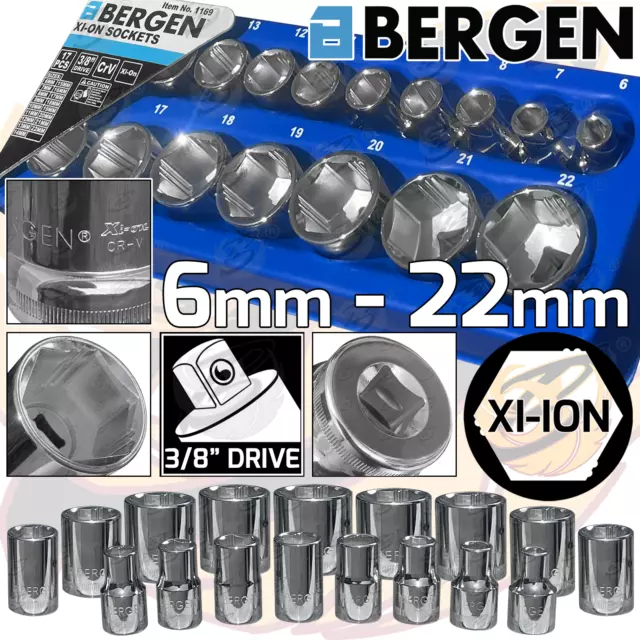 BERGEN Socket Set 17pc 3/8" Drive Shallow Sockets Set 6mm - 22mm Socket Tool Set