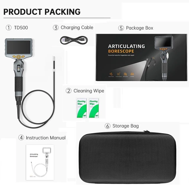 5" Video Inspection Endoscope Fiber Optic Videoscope Articulating Borescope 5ft