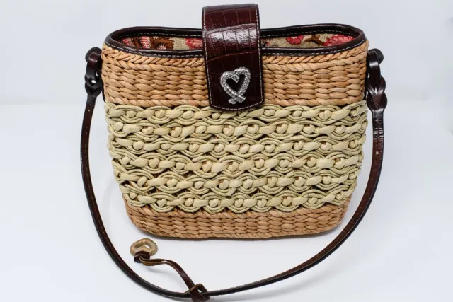 Brighton Sadie Straw Leather Handbag Purse Shoulder Bag Tan Brown Tote Heart
