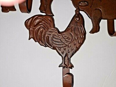 3 farm Animal Pig Rooster Cow Country kitchen coat Wall HOOKS cast iron rustic 2