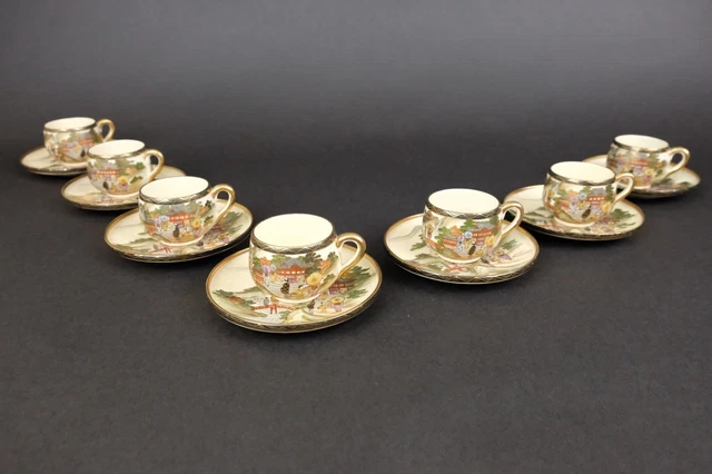 Set antique japanese Meiji Satsuma cup and saurers landcape figures  19thC
