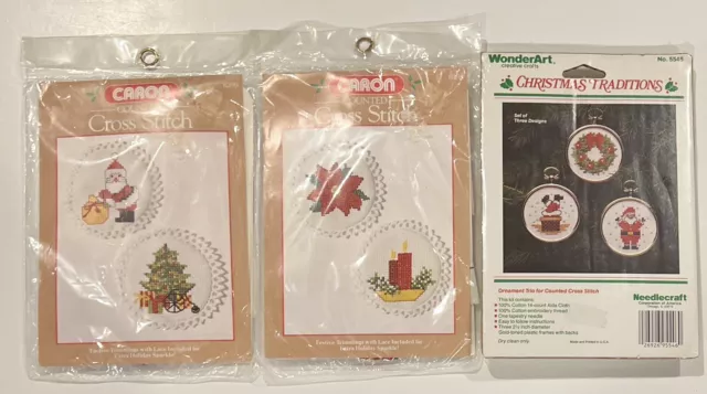 Lot Of 3 Vintage Counted Cross Stitch Ornament Caron / WonderArt Kits Christmas