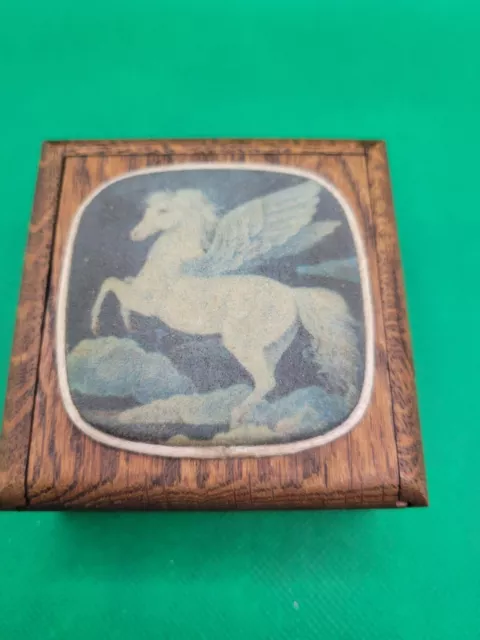 Vintage Jewelry Wooden Trinket Box with Pegasus decor cushion on top 3" x 3"