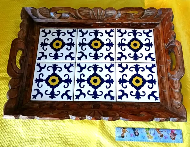 Vtg MEXICAN Boho Style TILE And CARVED WOOD Decorative Platter BAR TRAY 1960's