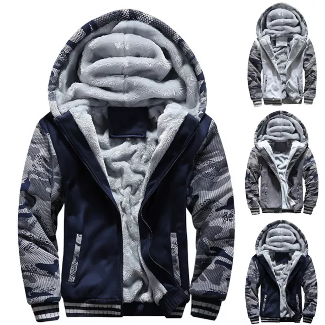 Men Winter Warm Hoodie Jacket Sherpa Fleece Zip UP Sweater Fur Lined Hooded Coat