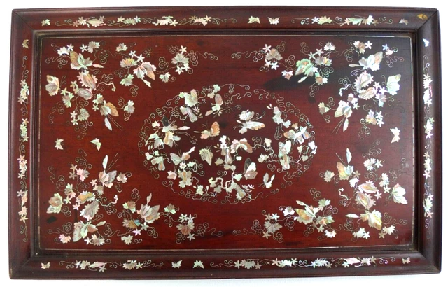 Plateau Ancien Marqueterie Fleurs - Bois, Bronze, Laiton - France 1920-1949