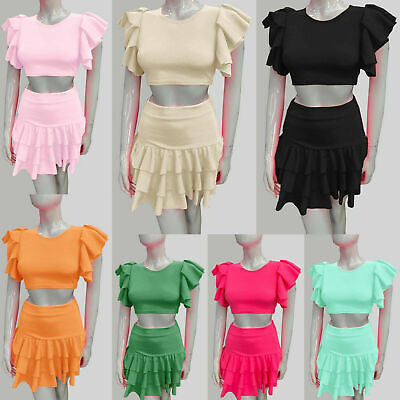 Women Ladies Frill skirt set Crop Top Skirt Short Co ord 2 Piece Set UK (8-14)