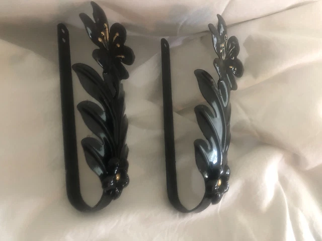 Vintage  Drapery Curtain Pull Back Ties  Embossed Metal Black Gloss Leaf Floral 4