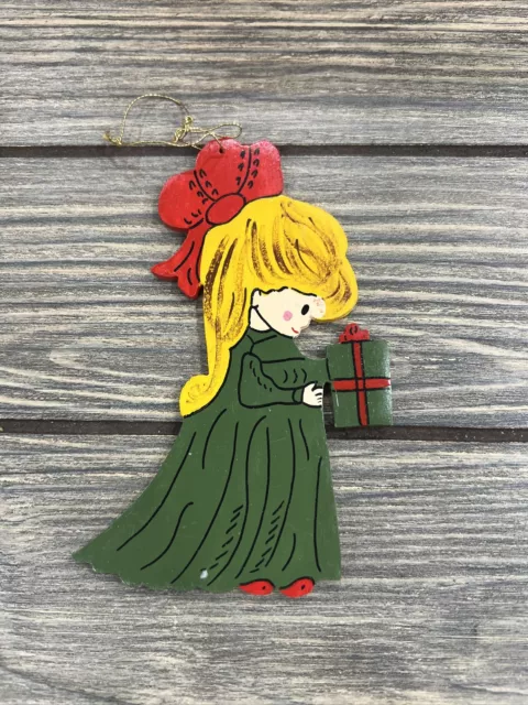 Vintage Christmas Ornament Small Child Girl With Gift Green Dress Red Bow 5”