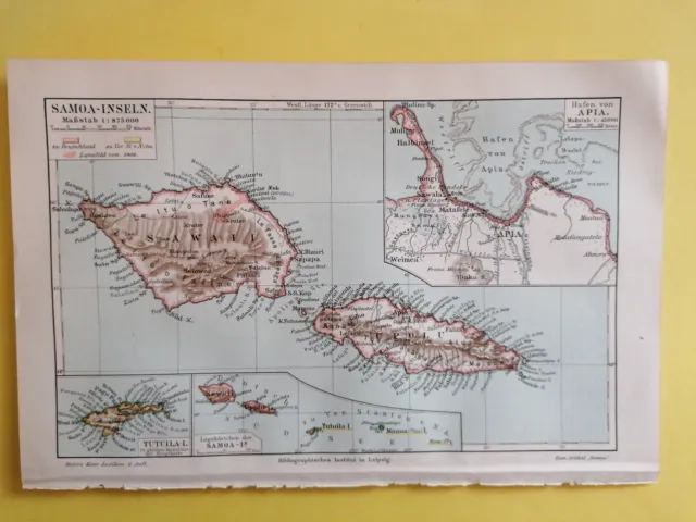 alte Lithographie, Samoa Inseln, mit deutschen Kolonien+ Lexikontext, 1907,-295