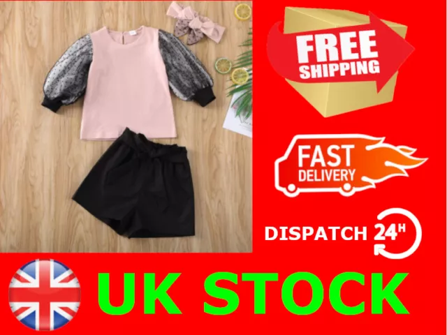 Girls Toddlers Kids Ruffle Outfits Clothes Headband Long Sleeves Shorts Set Pink