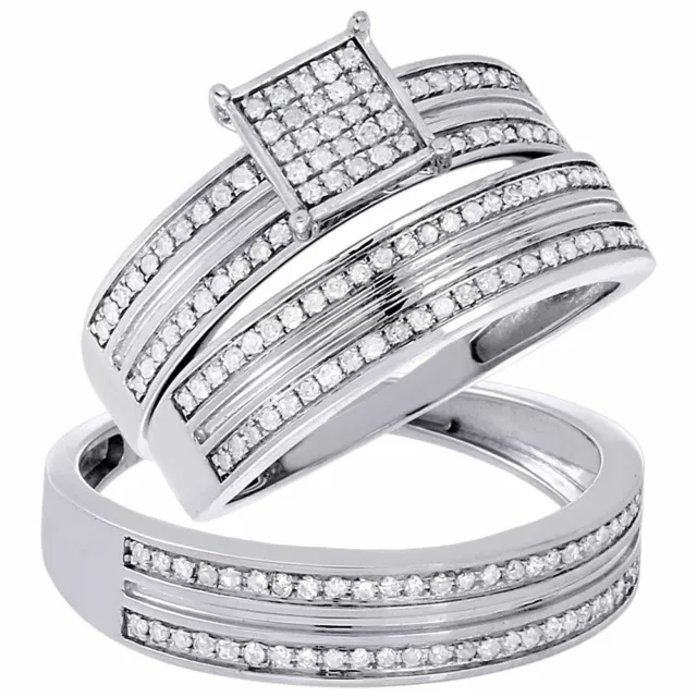10K White Gold Natural Real Diamond Wedding Ring Mens Ladies Trio Set 0.55 Tcw.